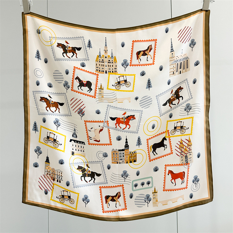Travel Accessories Gifts - 100% 멀버리 실크 65X65cm 빈티지 스탬프