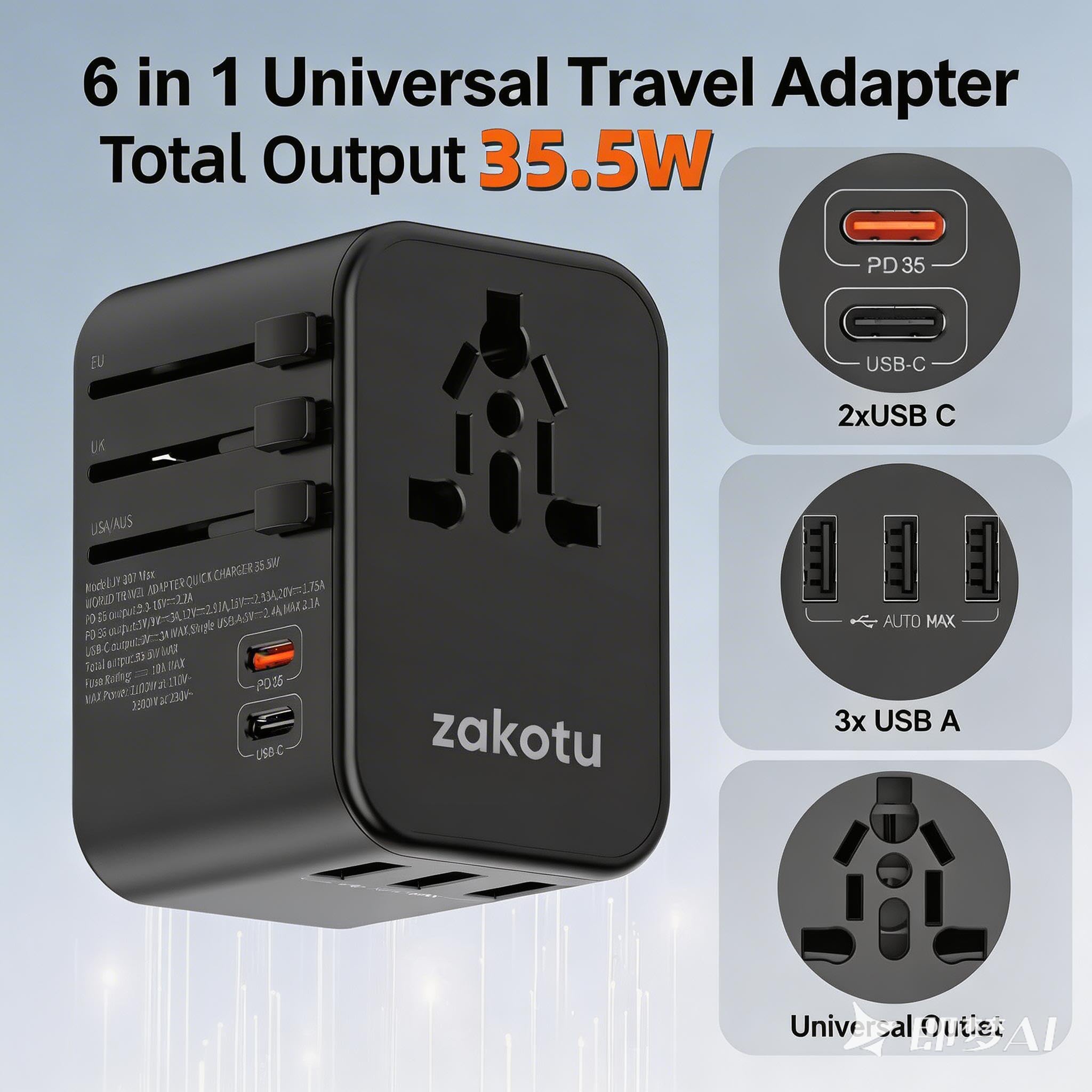 범용 여행용 어댑터 35W 고속 충전 6-in-1 1  - Travel Accessories For Europe 리뷰 및 가격